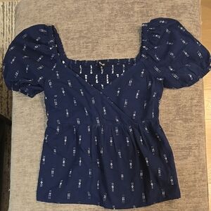 Madewell Women's Navy Blue Puff Sleeve Emboridery Top